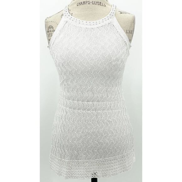 WHITE HOUSE BLACK MARKET EUC White Crochet Beaded Neck Halter Tunic XS - Picture 2 of 9